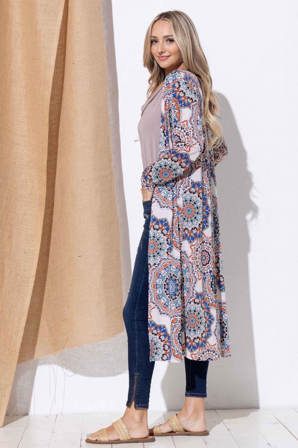And The Why Printed Kimono Open Front Longline Cardigan | Cardigans Daverri Fashions