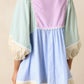 Pastel patchwork mini dress with striped panels in lavender, mint, blue, cream