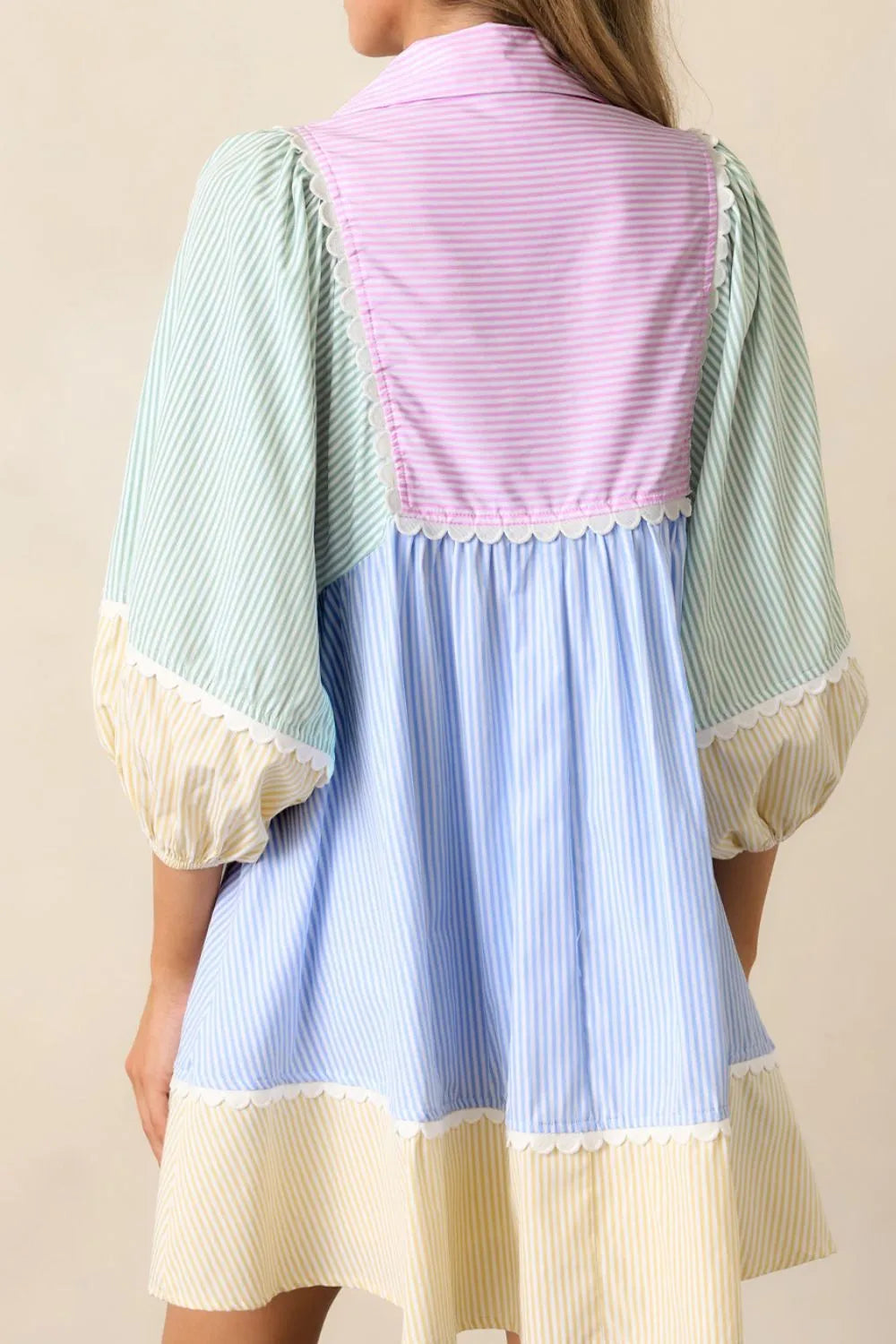 Pastel patchwork mini dress with striped panels in lavender, mint, blue, cream