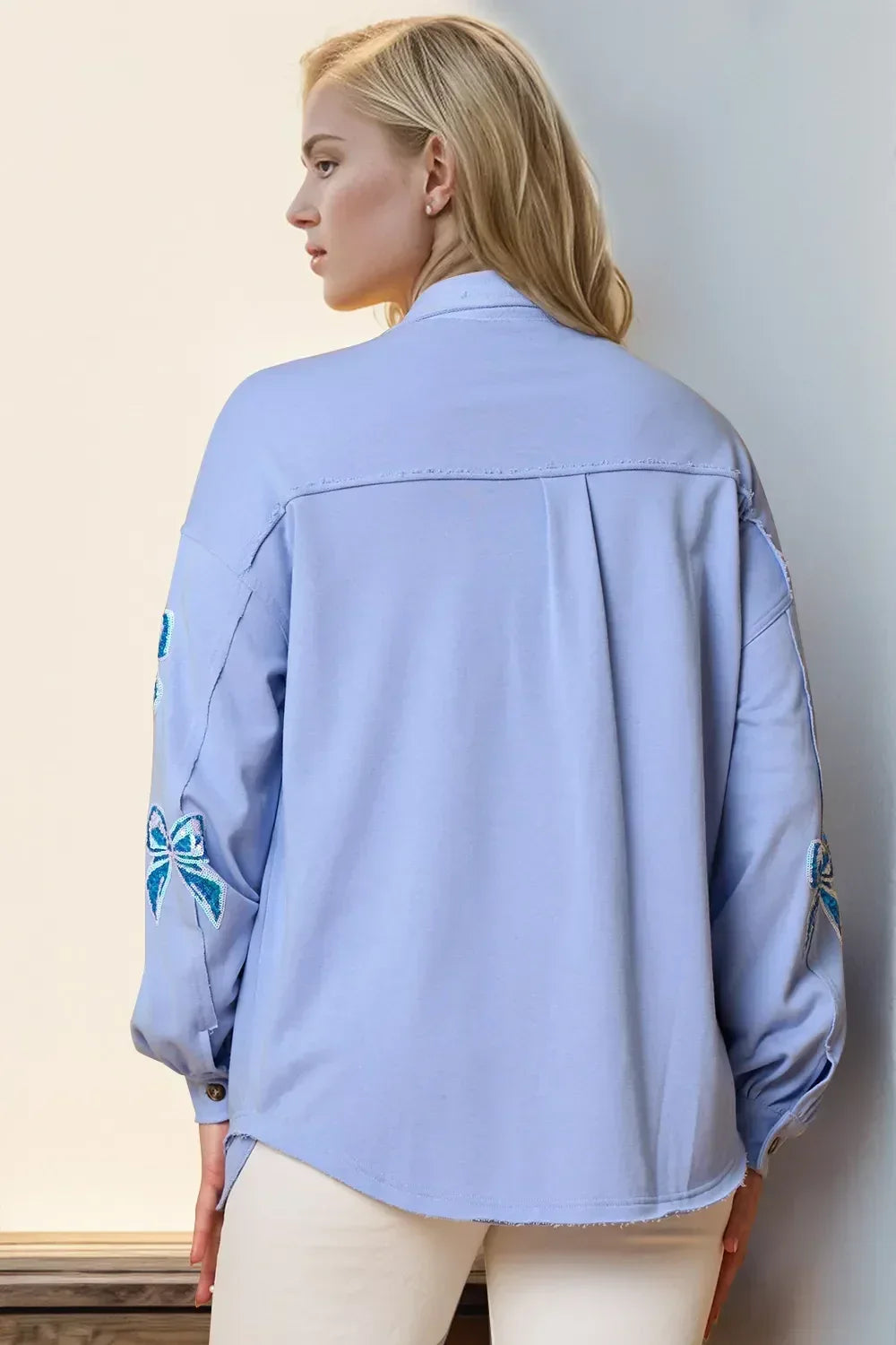 Double Take Full Size Sequin Bow Button Up Shacket - DAVERRI FASHIONS