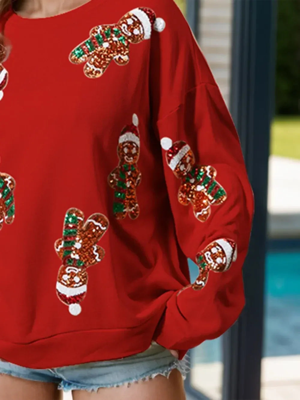 Sequin Gingerbread Man Long Sleeve Sweatshirt - DAVERRI FASHIONS