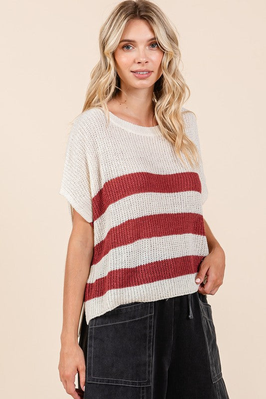 Mittoshop Contrast Striped Round Neck Short Sleeve Sweater