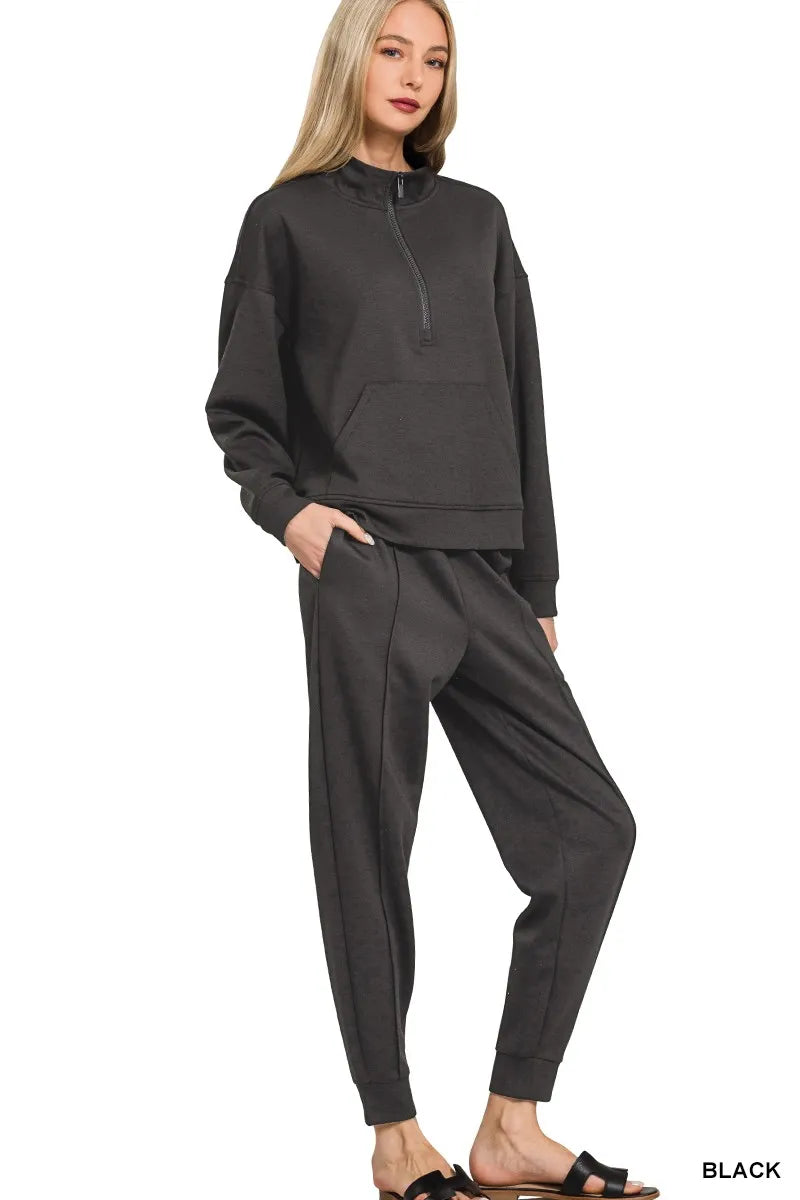 Zenana Scuba Half Zip Sweatshirt and Joggers Set | Loungewear Sets Daverri Fashions