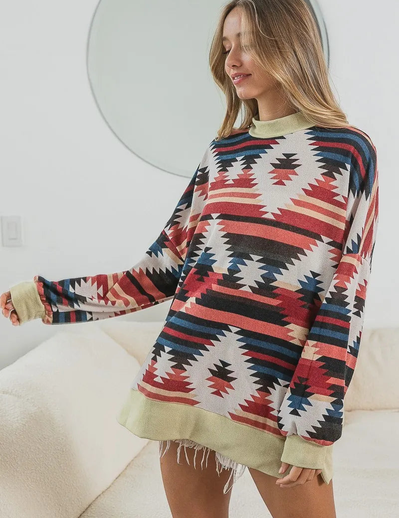 RUST COMBO BiBi Aztec Print Mirr Mock Neck Lslv Top | Tops Daverri Fashions