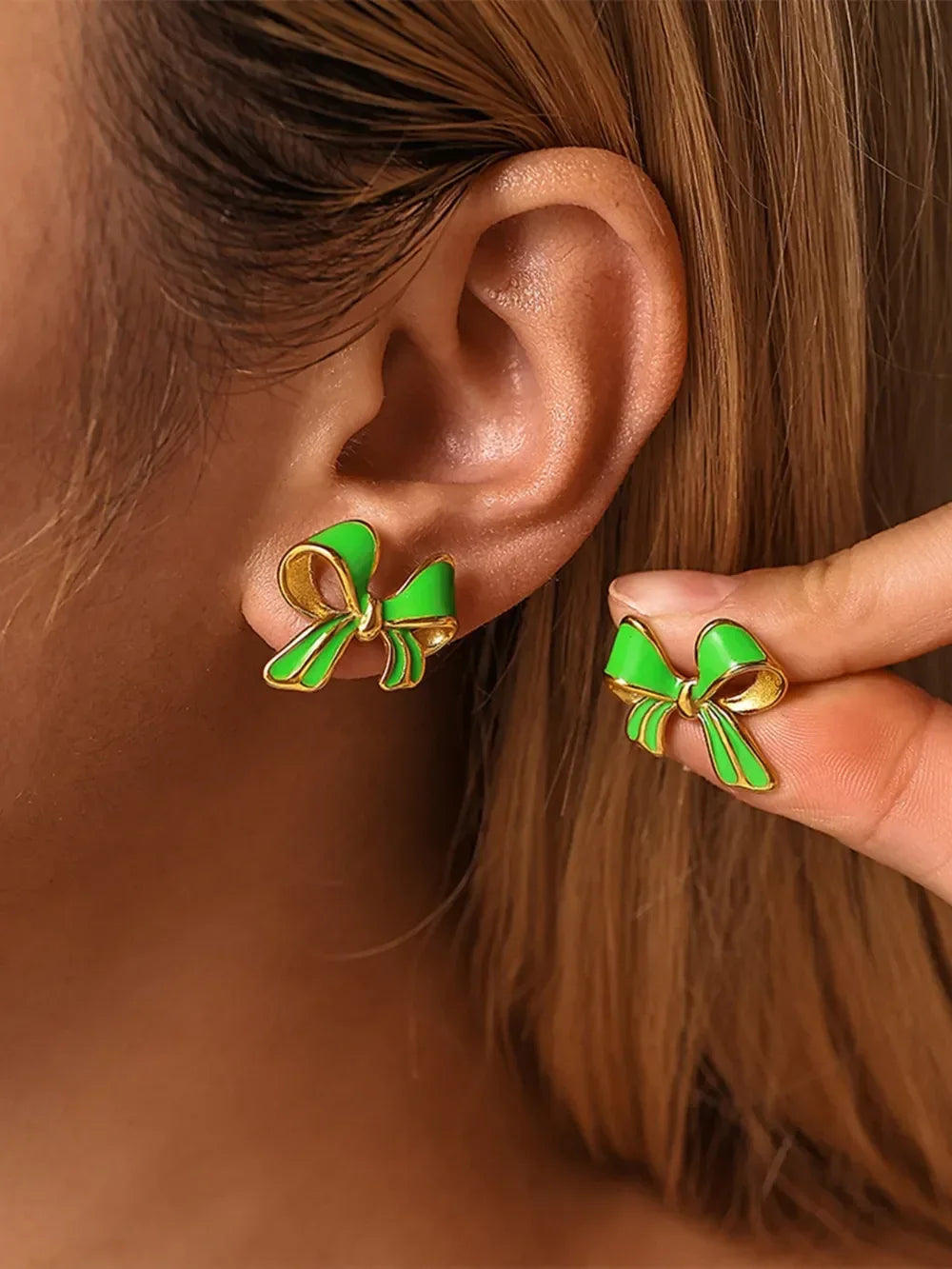 Stainless Steel Oil Drip Bow Stud Earrings - DAVERRI FASHIONS