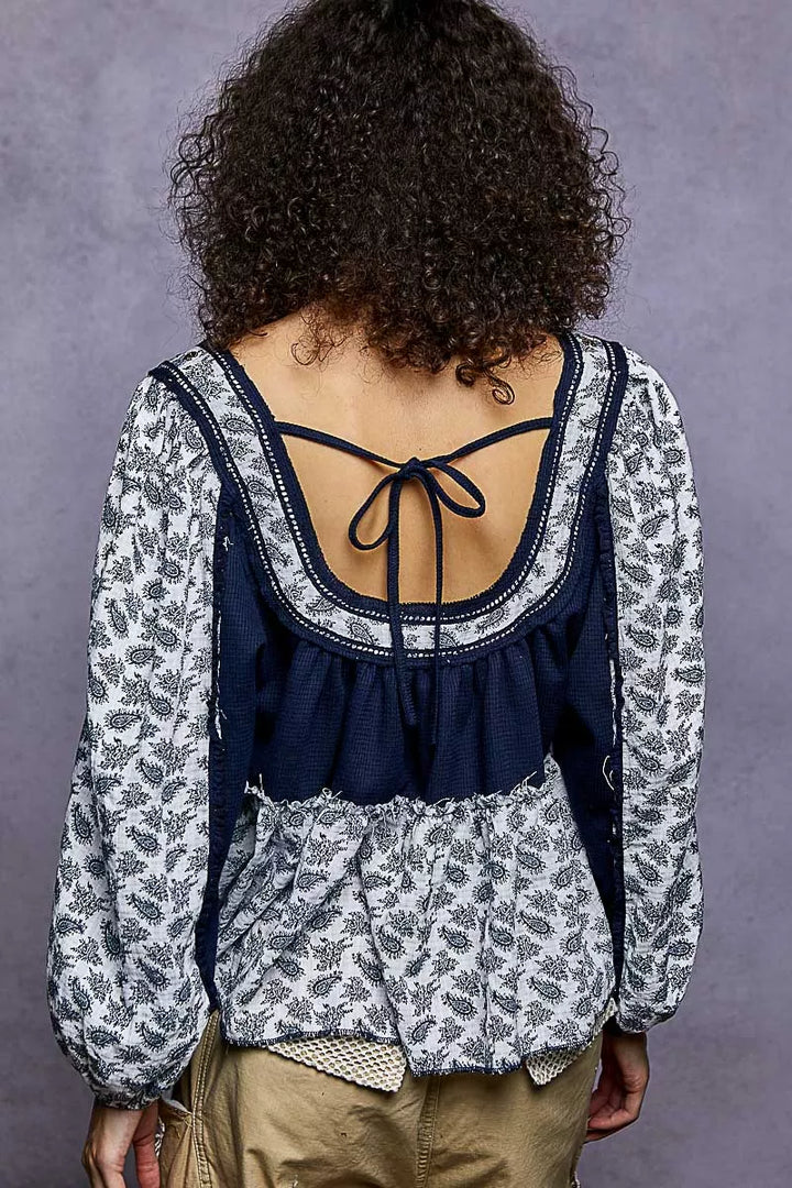 POL Paisley Scoop Neck Balloon Sleeve Cropped Blouse with Stud Detail | Daverri Fashions