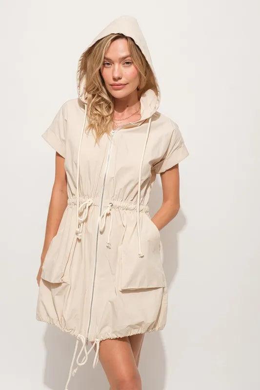 And The Why Short Sleeve String Details Hooded Mini Dress Mini Dresses