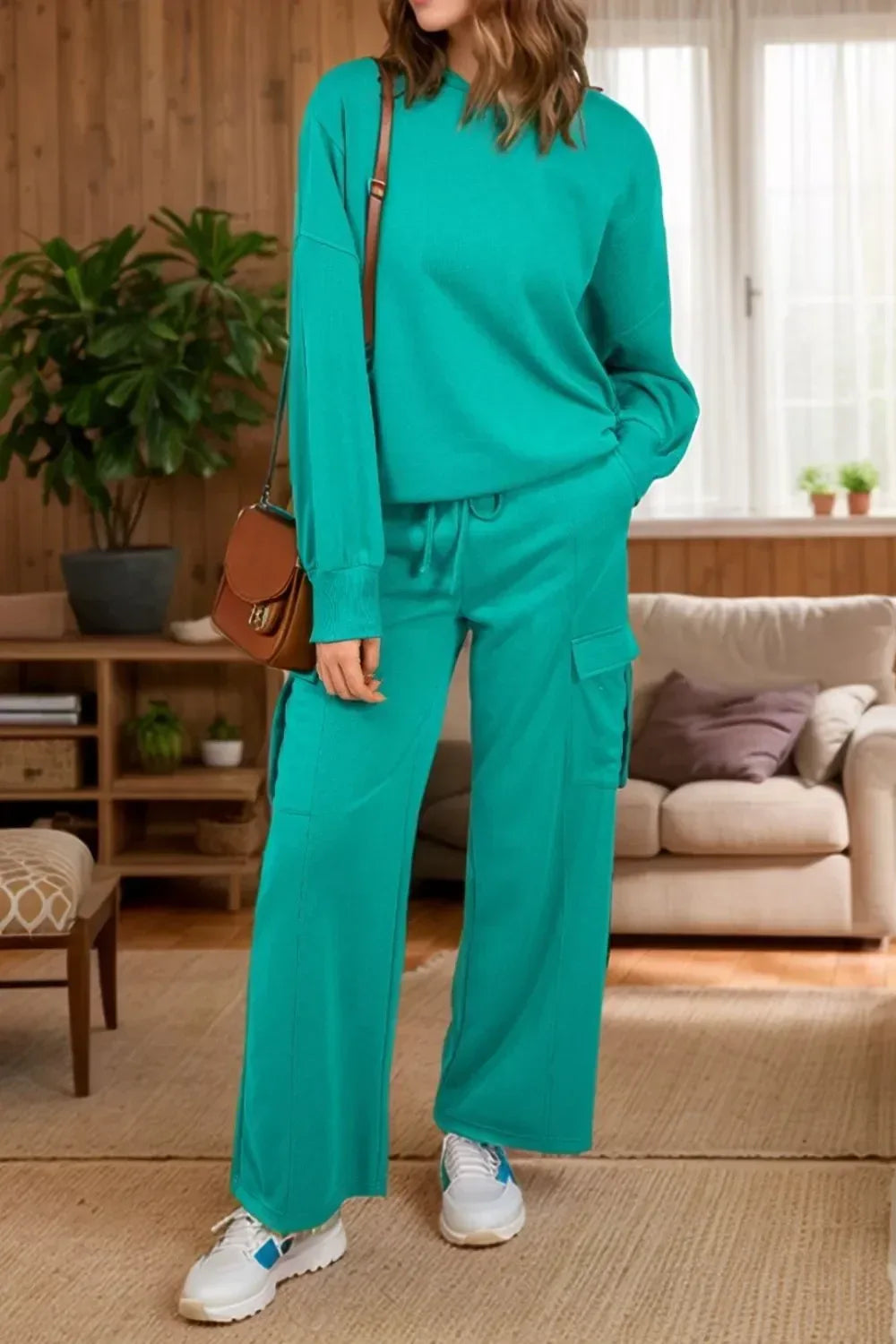 Daverri Fashions Full Size Round Neck Long Sleeve Top and Drawstring Pants Set - DAVERRI FASHIONS
