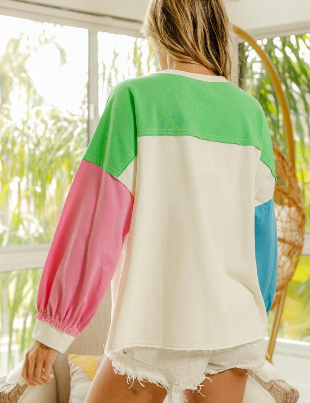 BiBi Color Block Patched Long Sleeve Top | Tops Daverri Fashions