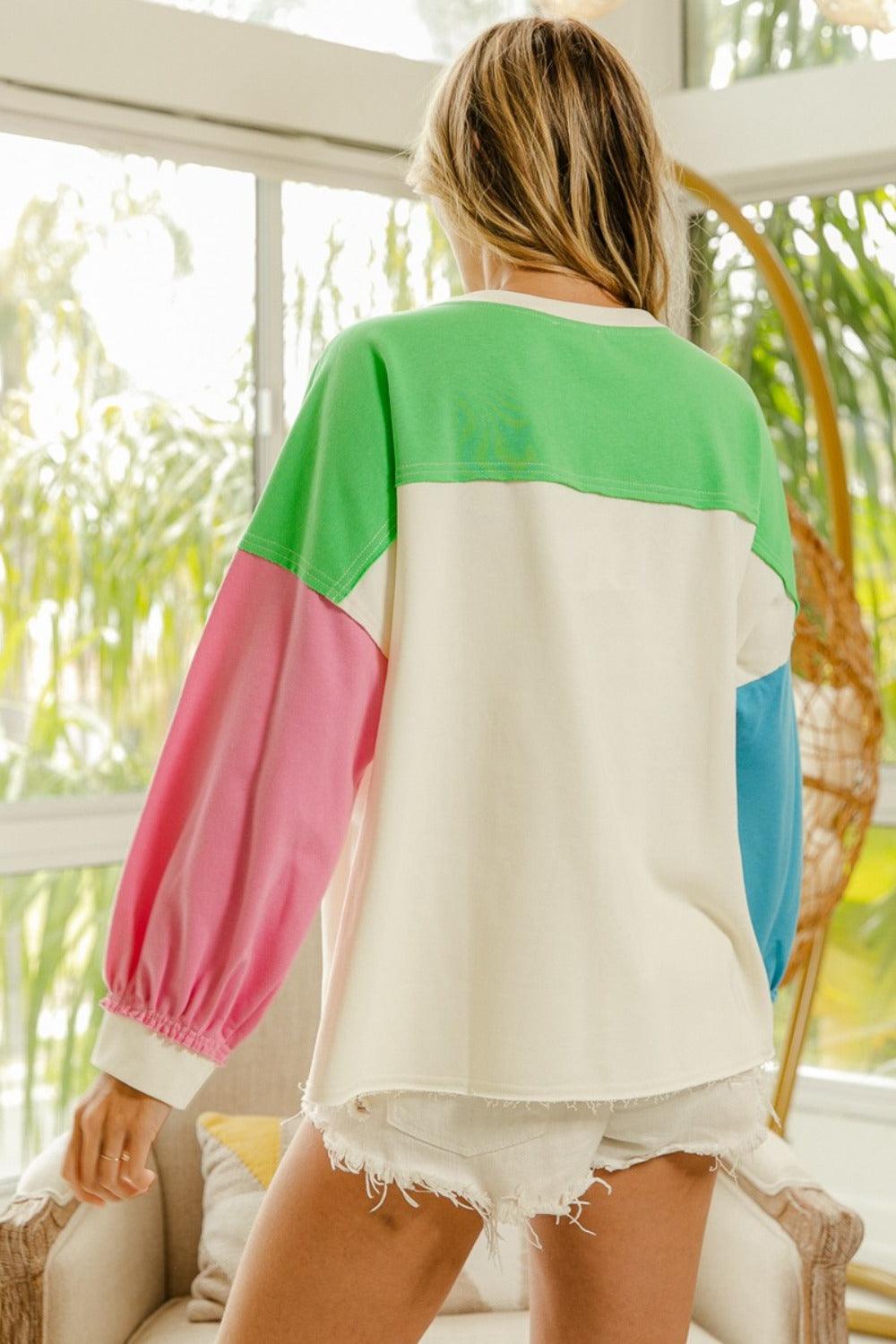 BiBi Color Block Patched Long Sleeve Top | Tops Daverri Fashions