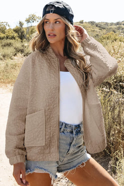 Women’s beige quilted baseball collar floral leaf pattern jacket with ribbed cuffs