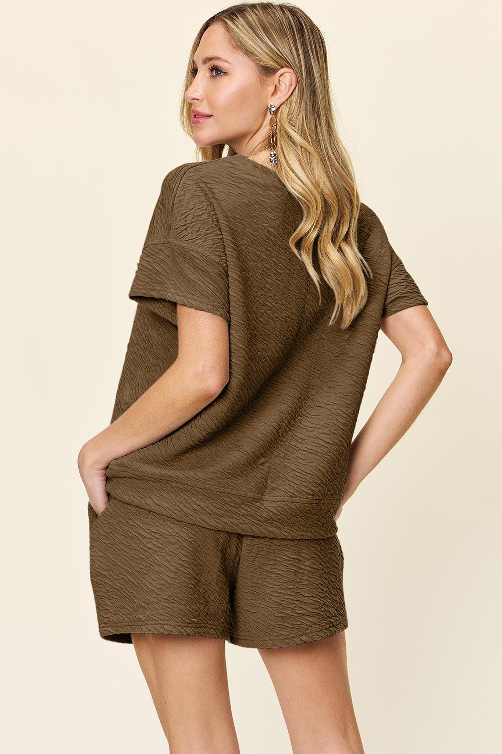 Double Take Full Size Texture Short Sleeve T-Shirt and Drawstring Shorts Set Outfit Sets