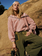 Dusty Pink Half Zip Pocketed Dropped Shoulder Hoodie | Hoodies Daverri Fashions