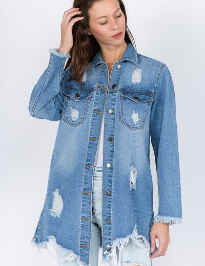 American Bazi Distressed Frayed Hem Denim Jacket Blue S