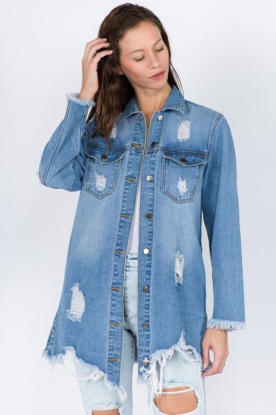 American Bazi Distressed Frayed Hem Denim Jacket Blue S