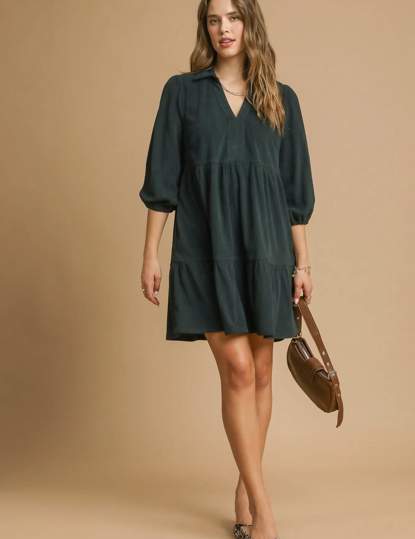 HUNTER GREEN M Umgee Tiered Johnny Collar Balloon Sleeve Dress | Mini Dresses Daverri Fashions