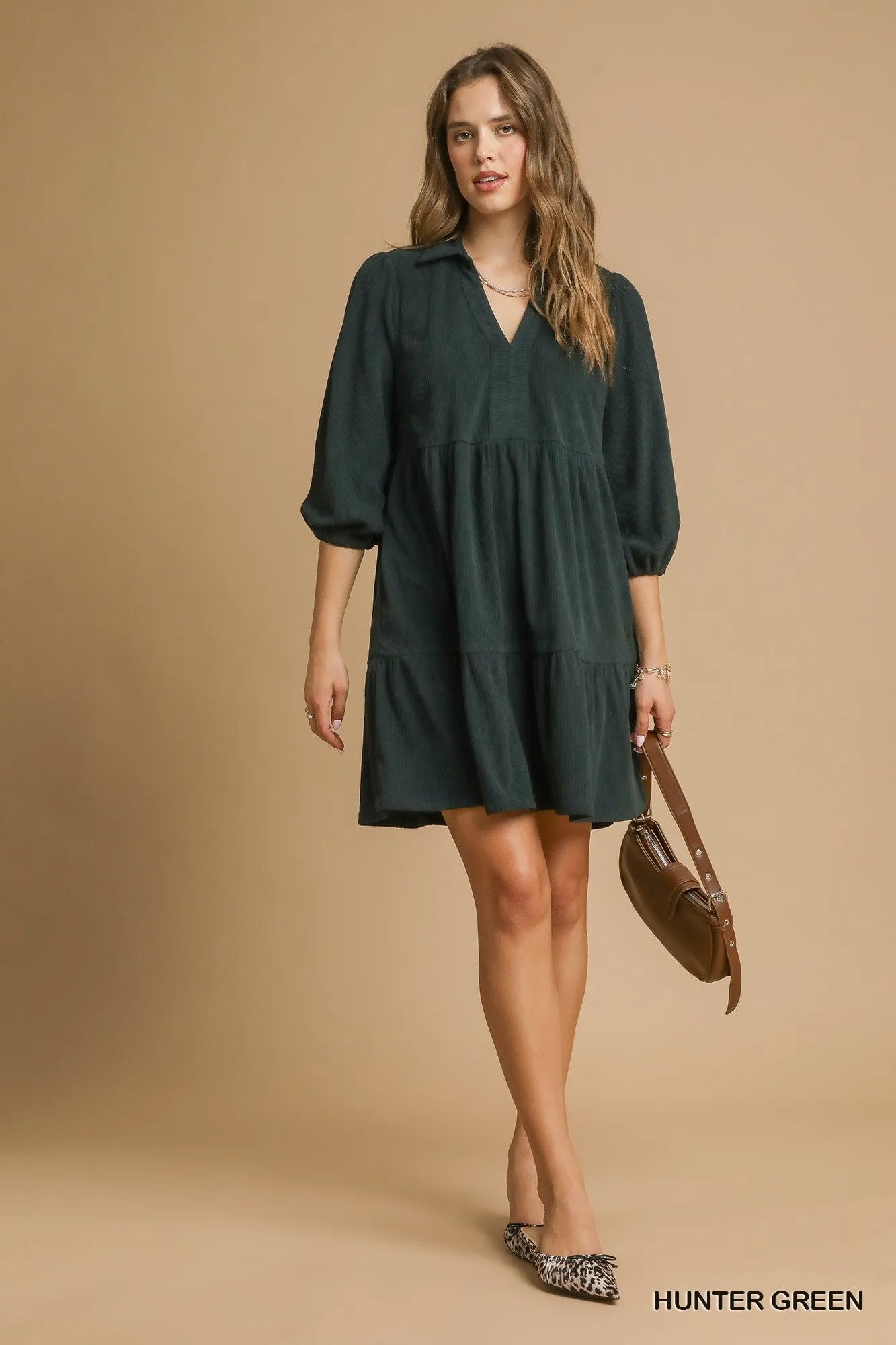 Umgee Tiered Johnny Collar Balloon Sleeve Dress HUNTER GREEN Mini Dresses