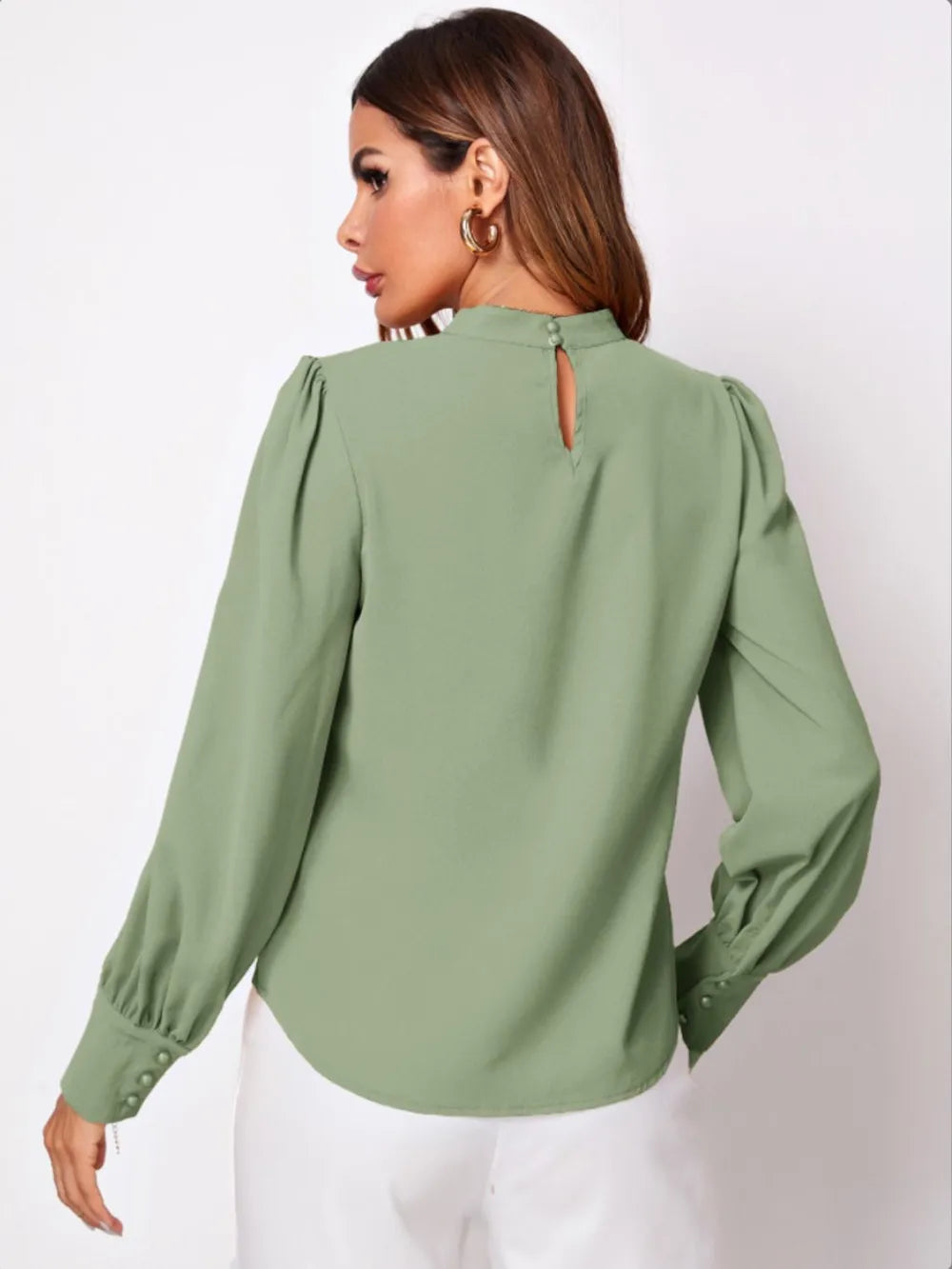 Ruched mock neck sage green long-sleeve blouse with puffed shoulders