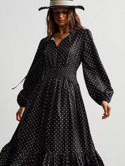 Black polka dot long sleeve maxi dress with ruffled hem