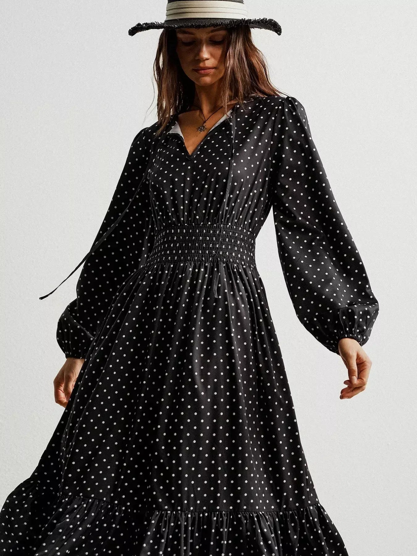 Daverri Fashions Polka Dot Long Sleeve Maxi Dress - DAVERRI FASHIONS