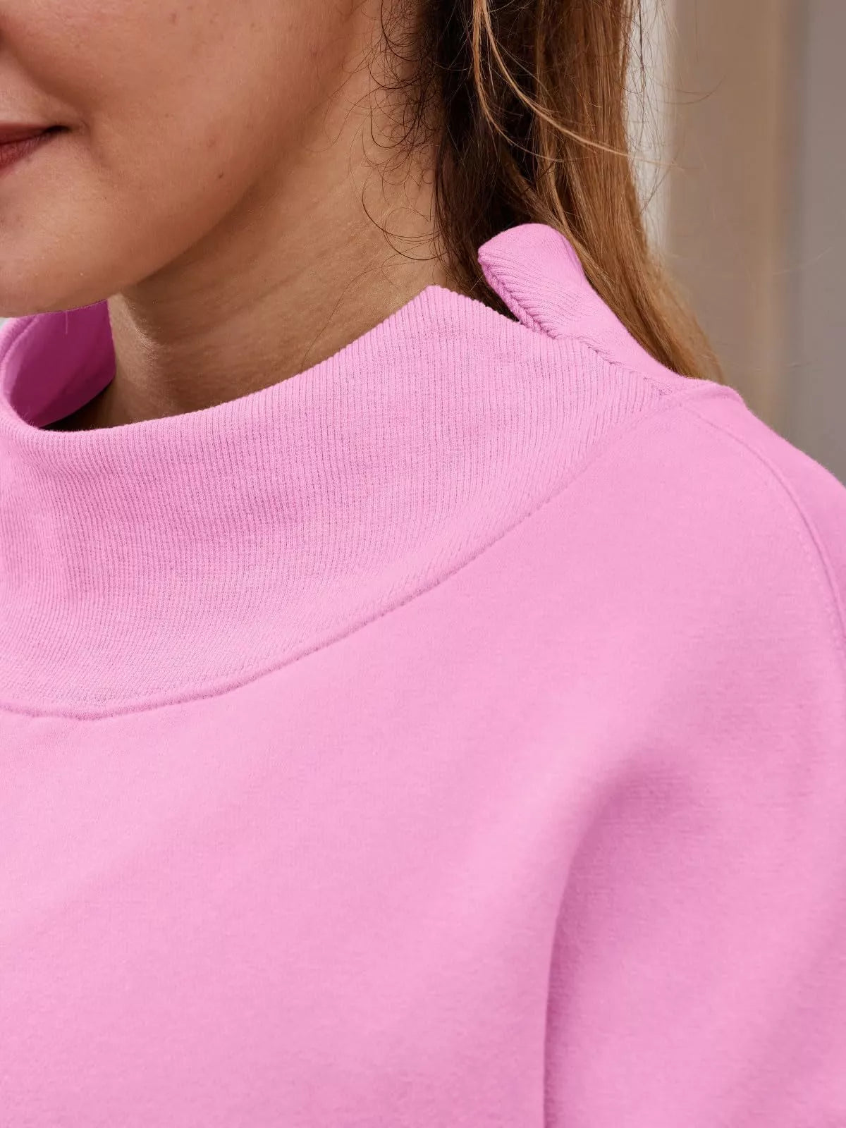 Soft pink mock neck dropped shoulder sweatshirt with ribbed collar