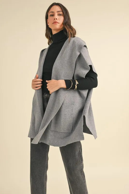 MABLE Knit Open Front Hooded Cardigan With Pocket Cardigans