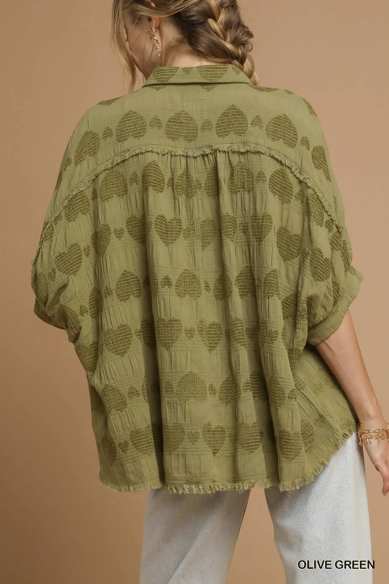 Umgee Jacquard Heart Collared Shirt Shirts