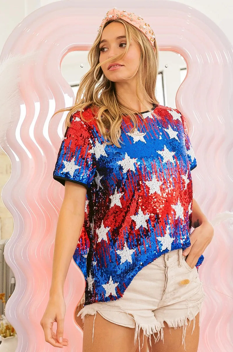 BiBi American Theme Star Pattern Sequin Top Tops