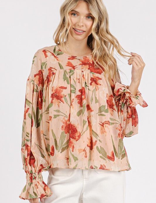 Mittoshop Floral Round Neck Flounce Sleeve Blouse Blush