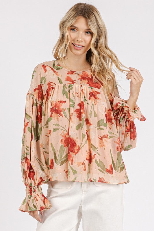 Mittoshop Floral Round Neck Flounce Sleeve Blouse Blush