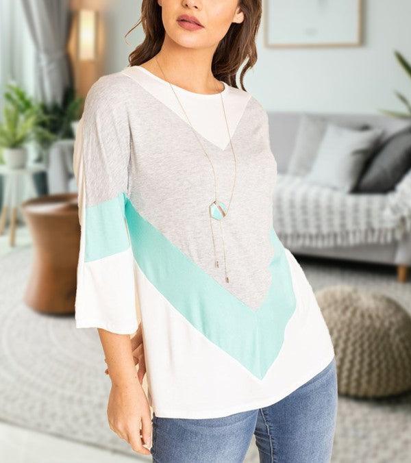 Chevron Bell Sleeve Color Block Shirts & Tops