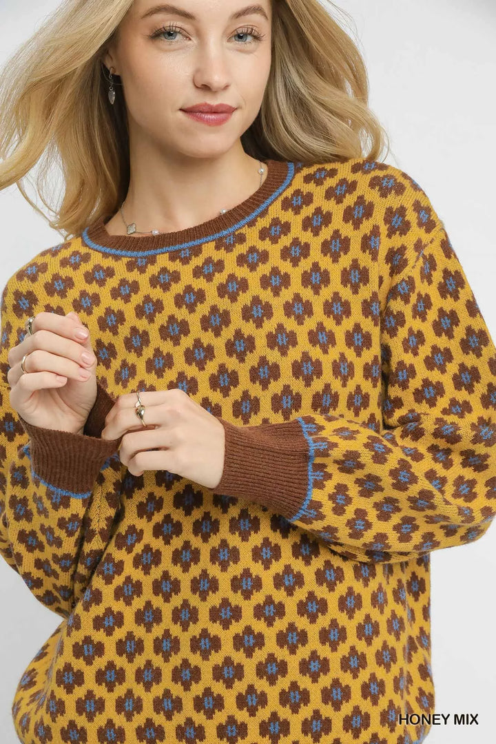 Umgee Abstract Print Crew Neck Sweater | Sweaters Daverri Fashions