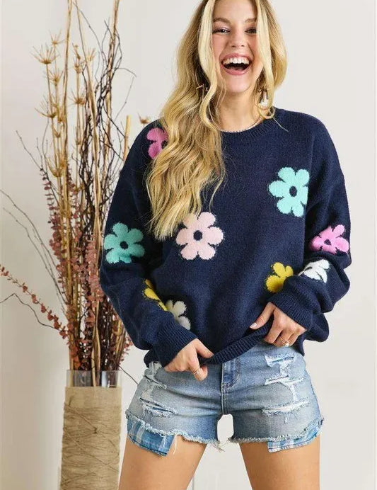 NAVY ADORA Flower Popped Sweater Plus Size | Sweaters Daverri Fashions