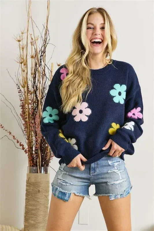 ADORA Flower Popped Sweater Plus Size - DAVERRI FASHIONS