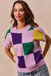SO ME Mardi Gras pastel pink green purple plaid knit sweater top