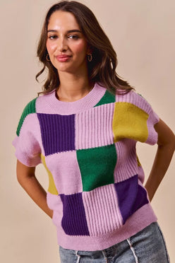 SO ME Mardi Gras pastel pink green purple plaid knit sweater top