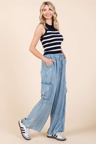 Mittoshop Washed Elastic Waist Cargo Wide Leg Pants