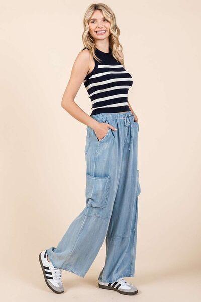 Mittoshop Washed Elastic Waist Cargo Wide Leg Pants - DAVERRI FASHIONS