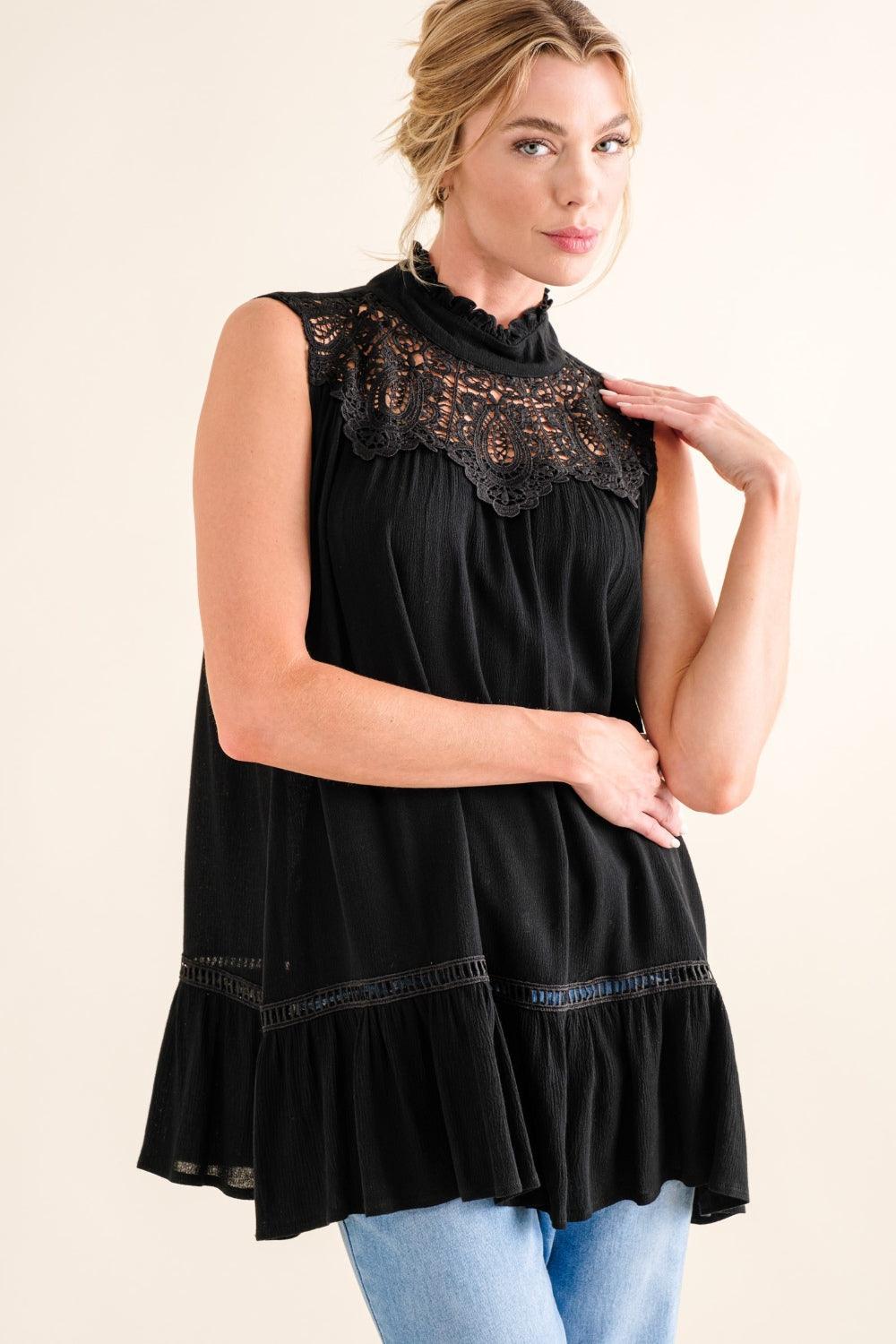 And The Why Lace Detail Sleeveless Ruffled Top - DAVERRI FASHIONS