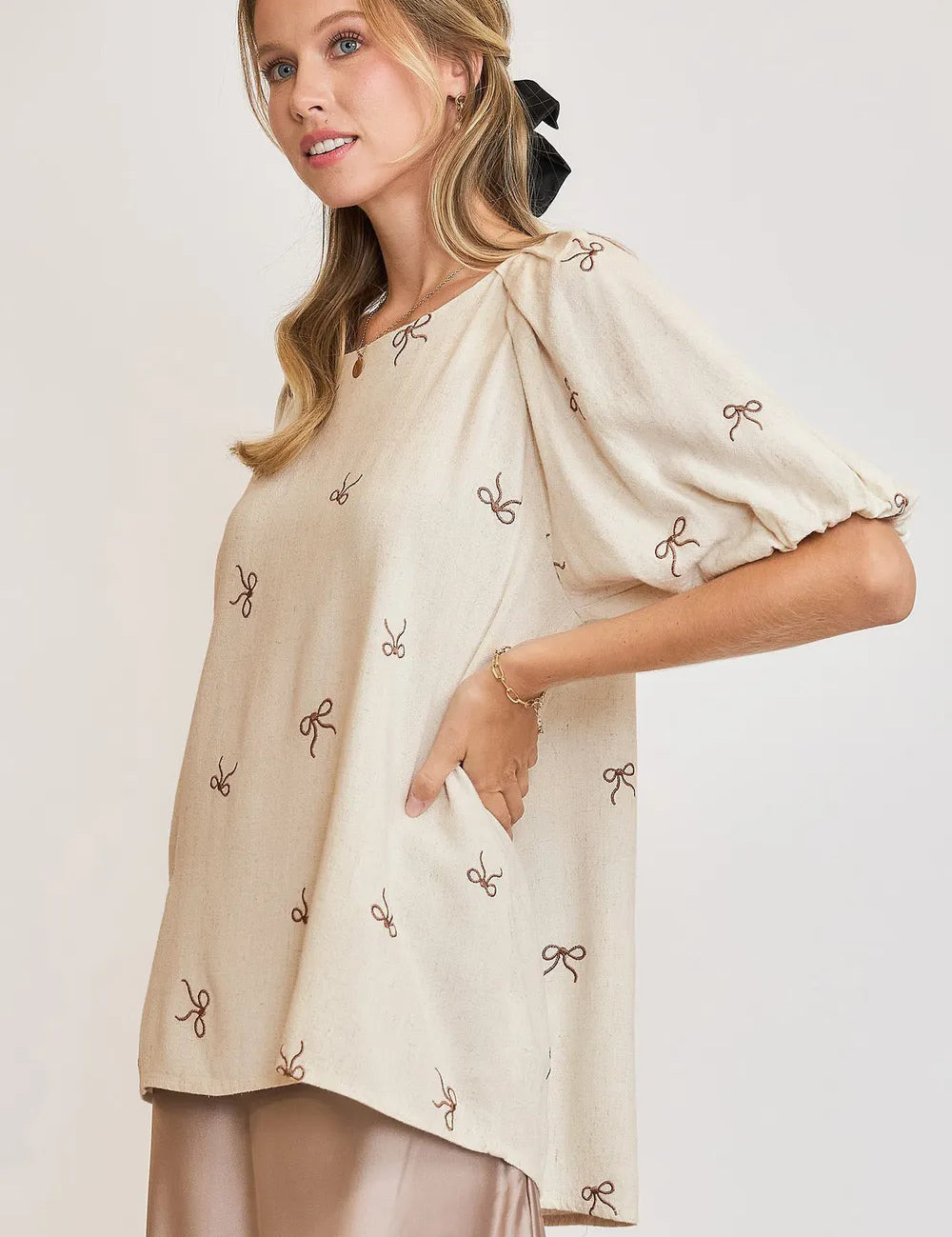 Umgee Full Size Linen Blend Ribbon Embroidered Top Plus Size | Daverri Fashions