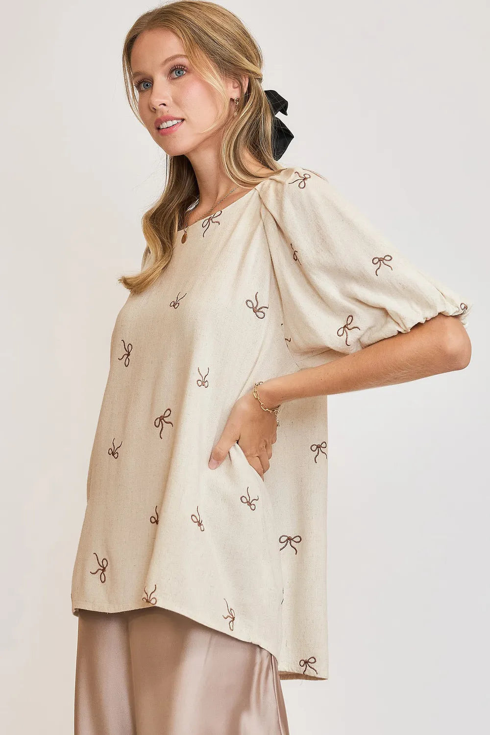 Umgee Full Size Linen Blend Ribbon Embroidered Top Plus Size | Daverri Fashions