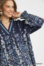 Umgee Midnight Floral Vine Print Blouse with Balloon Sleeves Plus Size | Blouses Daverri Fashions