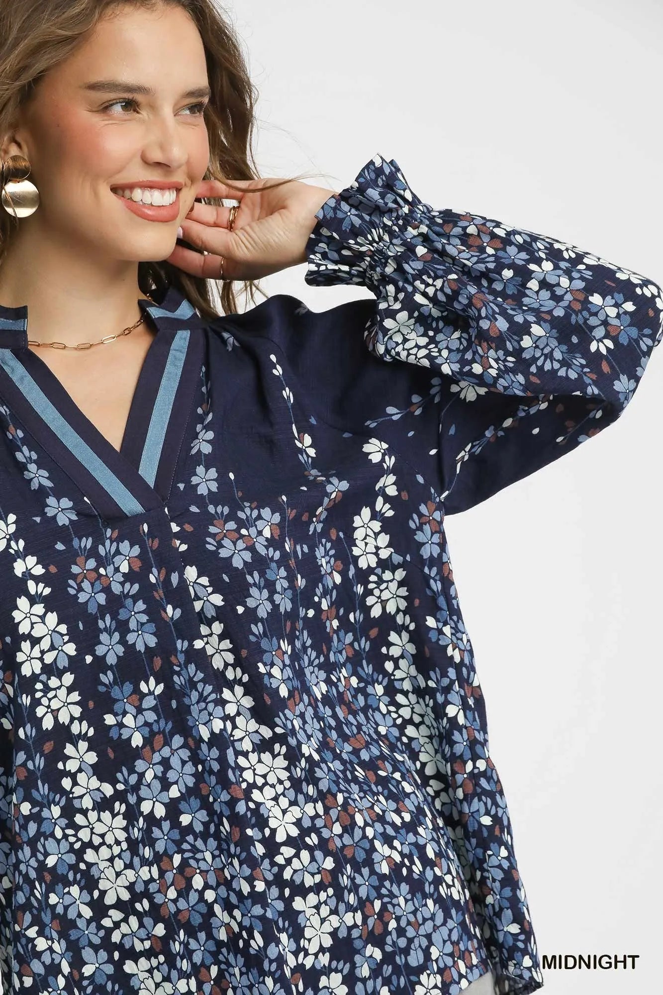 Umgee Full Size Floral Vine Print Blouse with Balloon Sleeves Plus Size