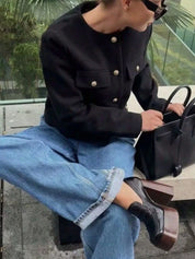 Tweed Button Up Cropped Jacket | Jackets Daverri Fashions