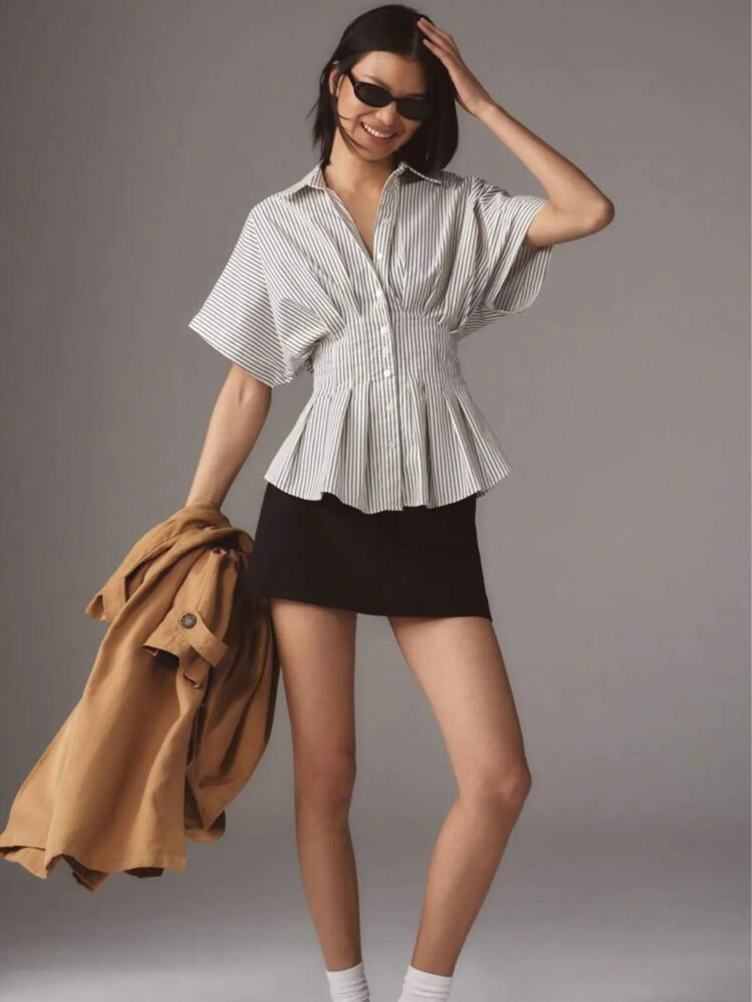 Striped Short Sleeve Button-Up Shirt | Daverri Fashions