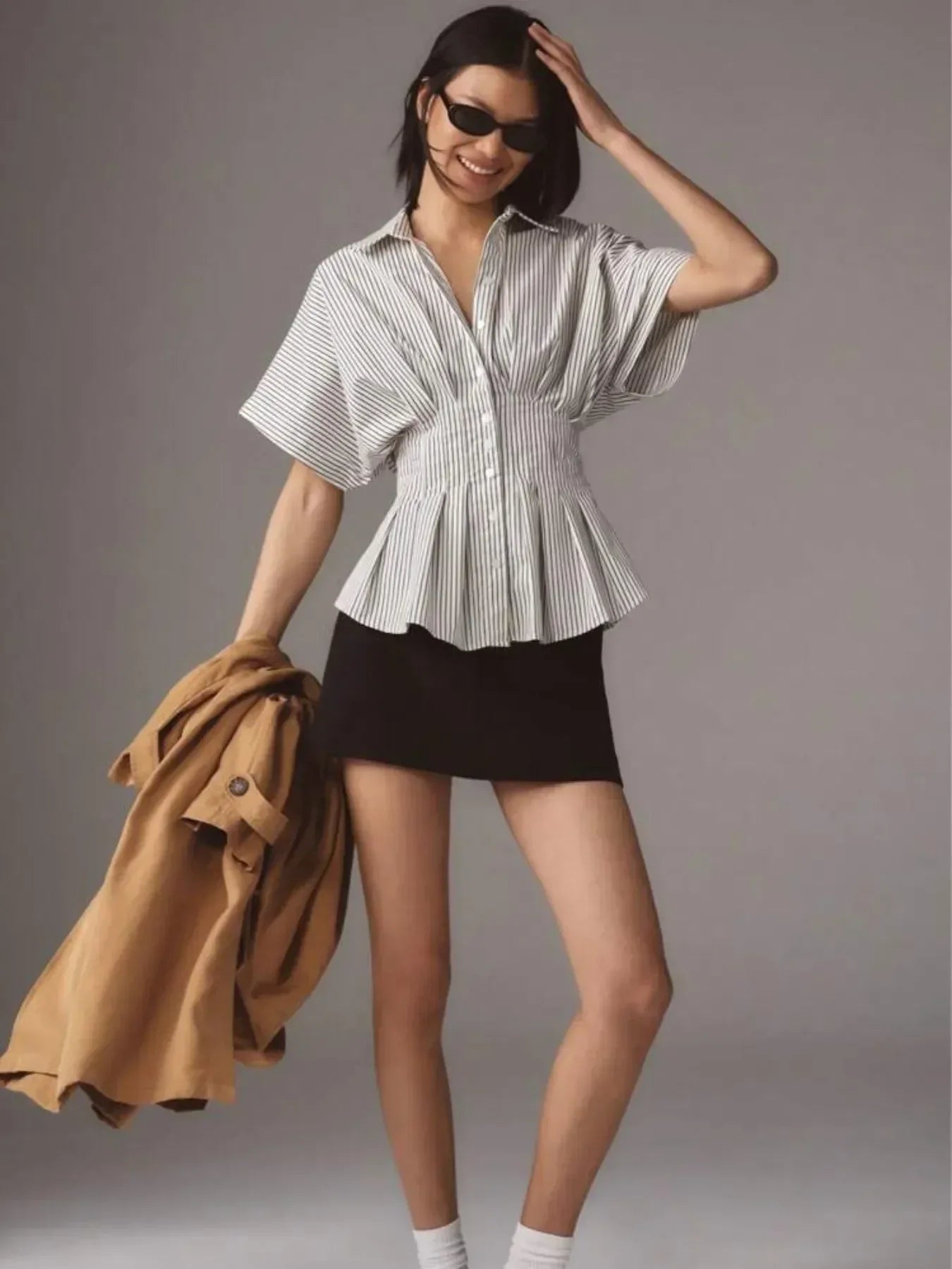Striped Short Sleeve Button-Up Shirt - DAVERRI FASHIONS