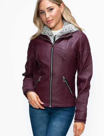 YMI Faux Layered Double-Zipper Jacket with Fuzzy Hood Wine