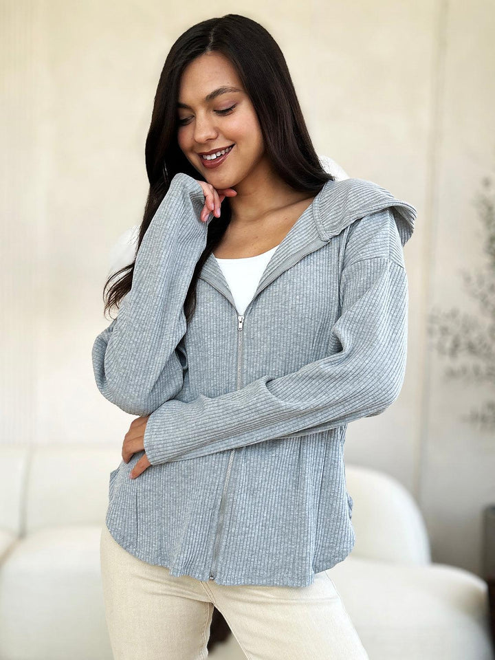 Ribbed Zip Up Hooded Jacket H.Grey Tops