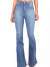 Full size high-waisted light-wash blue denim flare jeans back view