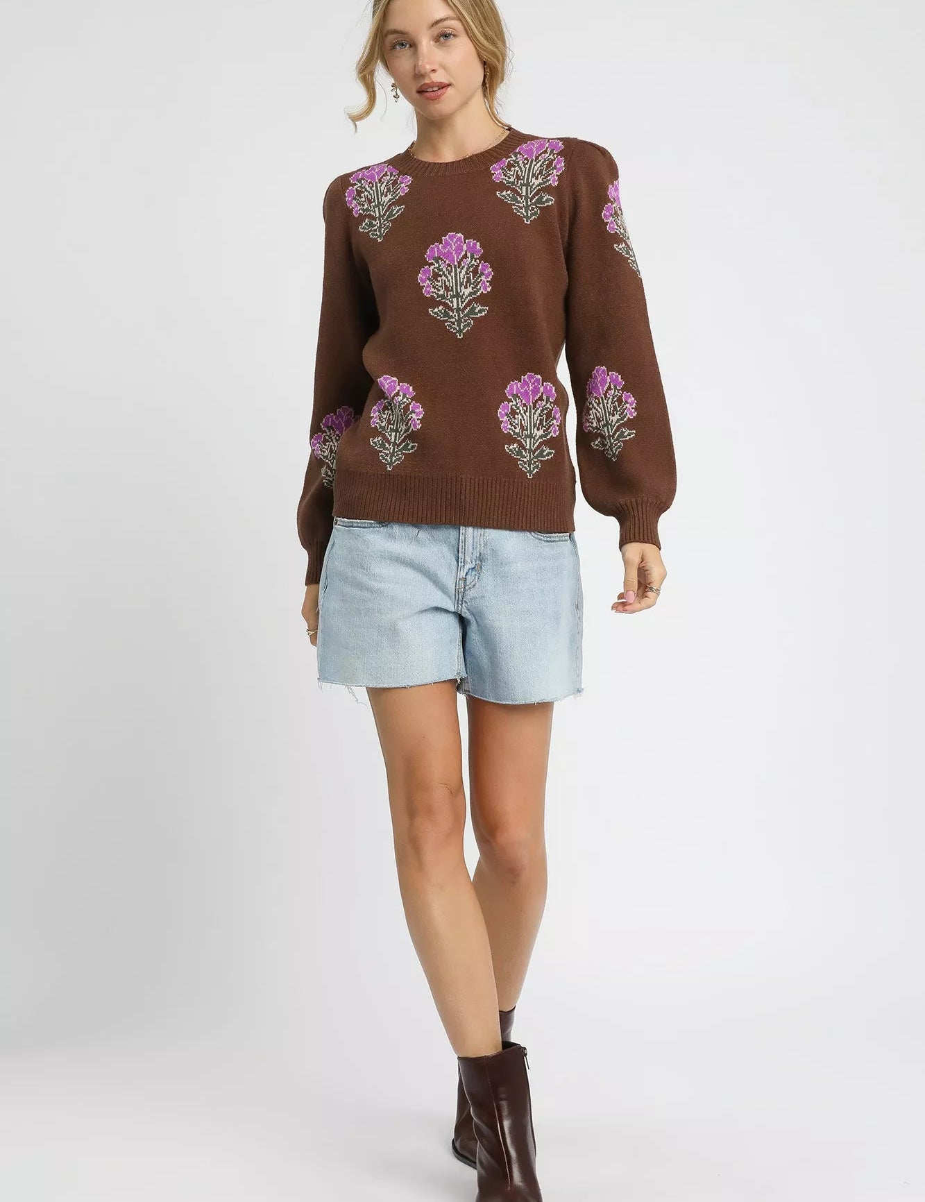 Umgee Single Flower Stem Jacquard Sweater | Sweaters Daverri Fashions